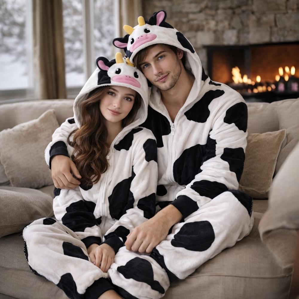 Cow Print Hooded Jumpsuit Costume L/XL Oversized Cozy Lounge Aesthetic Unisex
